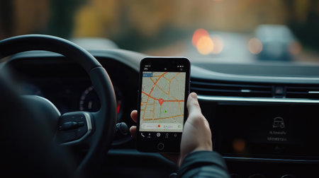A close-up view of a person using a smartphone for navigation while driving through an autumn landscape, showcasing modern technology and safe travel practices.の素材