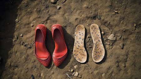 A striking image of red high heels positioned beside worn-out insoles on earthy ground, showcasing the stark contrast between fashionable footwear and practical comfort choices in life.の素材