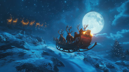 Enchanting Christmas scene featuring Santa's sleigh soaring through a serene night sky, with glowing reindeer and a bright full moon illuminating a snowy landscape.の素材