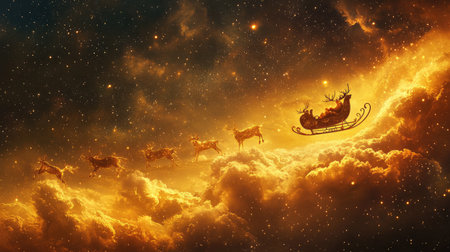 A magical scene of a sleigh led by reindeer gliding through a star-filled sky, surrounded by golden clouds, creating a whimsical and enchanting winter fantasy.の素材