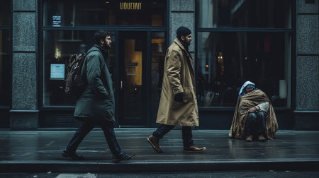 This evocative urban scene captures the stark contrast between individuals in winter wear and a homeless person seated on the street, highlighting social awareness and urban life.の素材