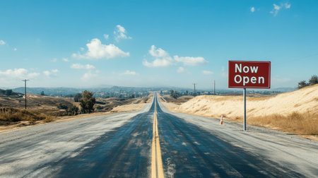 A scenic view of an open road under a blue sky, featuring a prominent Now Open sign on the side, inviting carefree travel and exploration through peaceful landscapes.の素材