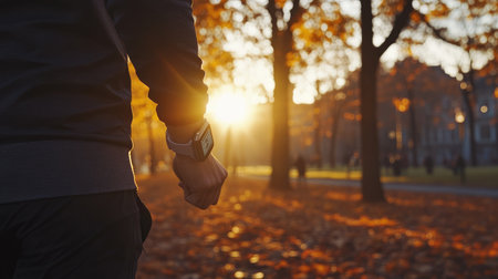 A person enjoys a peaceful evening walk in a park during autumn, surrounded by warm sunlight filtering through colorful leaves, creating a serene moment in nature.の素材