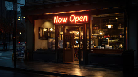 This captivating image features a cozy cafe at night, highlighted by a glowing 'Now Open' sign. The inviting atmosphere beckons customers to enjoy a warm beverage and relaxing ambiance.の素材
