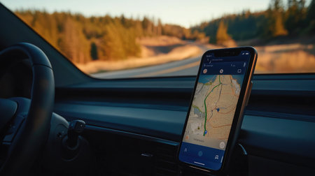 A smartphone displaying a detailed navigation map rests on a car dashboard, highlighting the blend of technology and nature during a serene drive in a picturesque setting.の素材