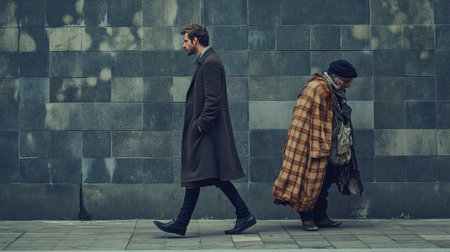 A powerful image illustrating the stark contrast between a well-dressed man and a homeless individual walking together on a city street, evoking themes of social disparity and human connection.の素材