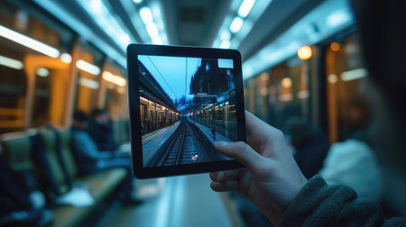 A captivating scene showing a person holding a tablet displaying railway tracks, contrasting the vibrant train interior, symbolizing modern connectivity and travel experience.の素材