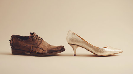 A striking visual of a brown leather shoe and a silver high heel reveals the dynamic juxtaposition of casual and formal styles, perfect for fashion-focused projects and presentations.の素材