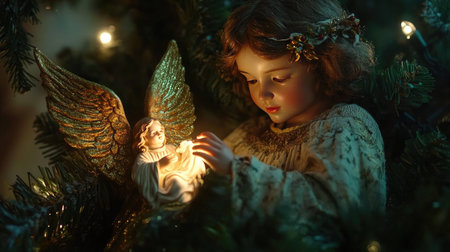 This charming image captures a child gazing in awe at an angel figurine among twinkling lights, embodying the spirit of Christmas and innocence in a serene holiday setting.の素材