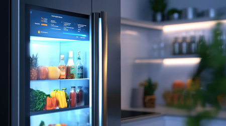 This image captures a modern refrigerator filled with colorful fresh produce and beverages, showcasing smart features in a stylish kitchen setting.の素材