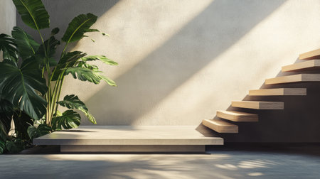 A bright and inviting interior space featuring a stylish wooden staircase, lush green plants, and soft natural light, showcasing modern minimalism and elegance.の素材
