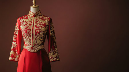 This stunning traditional red dress features intricate gold embroidery and is elegantly displayed on a dress form, perfect for showcasing cultural fashion design and textile artistry.の素材