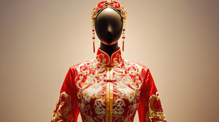 An elegant red traditional dress showcased on a mannequin, featuring intricate embroidery and stunning accessories, perfectly illuminated in a chic studio environment.の素材