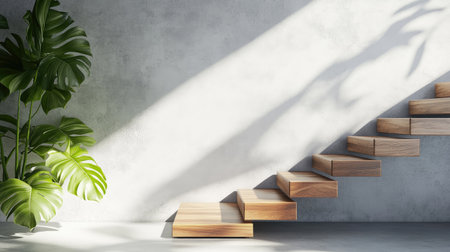 A striking modern interior showcases elegant wooden stairs illuminated by soft natural light, complemented by a vibrant green plant adding freshness to the stylish decor.の素材