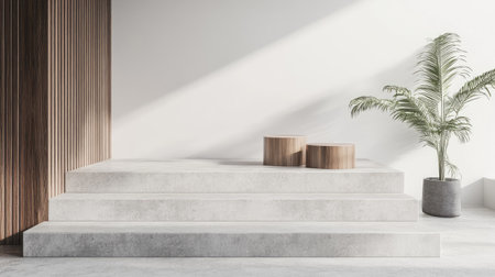 Bright and airy minimalist interior featuring concrete steps, natural wood accents, and a potted plant, creating a tranquil atmosphere in modern design.の素材