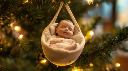 This enchanting Christmas ornament captures a serene baby doll resting in a cozy cradle, surrounded by beautiful glowing lights, adding warmth and joy to any festive decor.の素材