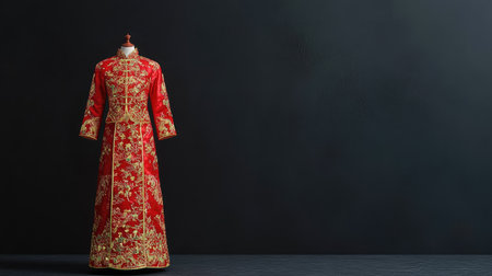 This stunning traditional red dress features intricate gold embroidery, elegantly displayed on a mannequin. Perfect for celebrating cultural heritage and fine craftsmanship in fashion.の素材