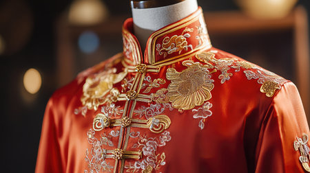 Discover the exquisite craftsmanship of a traditional embroidered jacket featuring intricate floral patterns and vibrant colors, perfect for cultural celebrations and fashion showcases.の素材