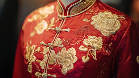This stunning red traditional garment features elaborate floral embroidery, reflecting rich cultural heritage and intricate craftsmanship, ideal for special occasions.の素材