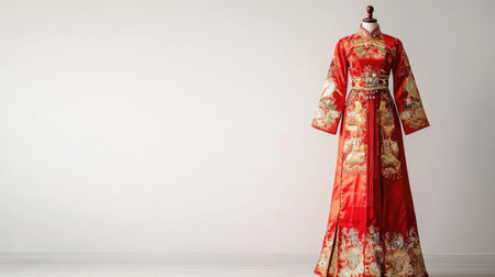 A stunning red traditional dress displayed on a mannequin, showcasing intricate embroidery details against a simple background, highlighting its elegance and cultural heritage.の素材