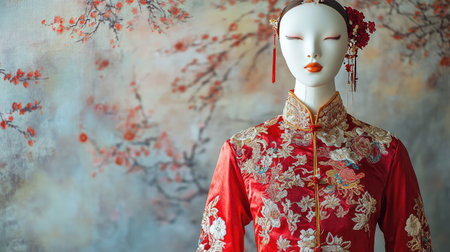 A stunning representation of traditional elegance, showcasing a beautifully embroidered red dress on a mannequin set against a delicate floral backdrop, emphasizing cultural significance.の素材