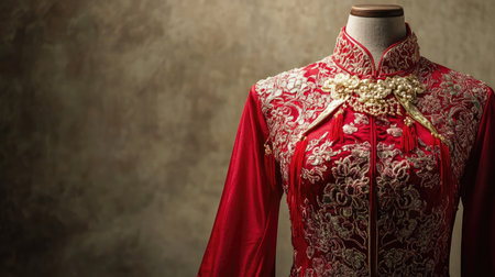 This stunning red traditional dress features exquisite embroidery, elegantly displayed on a dress form, ideal for cultural fashion photography and artistic presentations.の素材