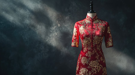 A striking red dress adorned with intricate gold embroidery displayed on a mannequin, beautifully lit to highlight the craftsmanship and elegance, ideal for fashion-themed projects.の素材