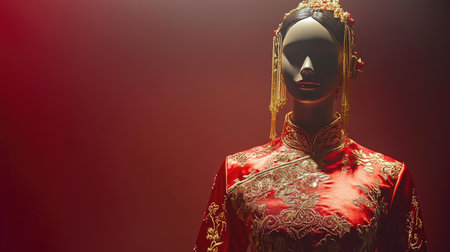 A stunning red traditional dress displayed on a mannequin, featuring intricate embroidery, symbolizing cultural beauty and elegance. Perfect for fashion enthusiasts and cultural displays.の素材