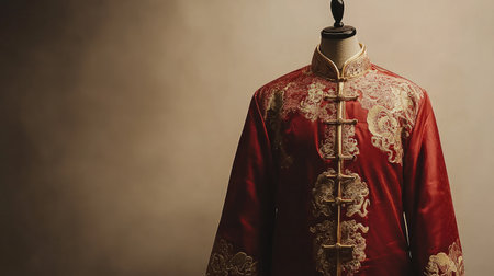 This elegant red Chinese silk jacket features intricate embroidery, showcasing cultural heritage and craftsmanship against a soft background. A staple of traditional fashion.の素材