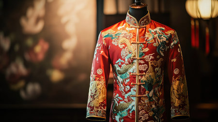 Stunning traditional red robe featuring elaborate dragon embroidery showcased on a mannequin in a beautifully lit indoor setting, highlighting exquisite craftsmanship and cultural heritage.の素材