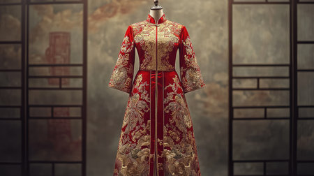 This stunning red traditional dress features intricate floral embroidery and is beautifully displayed on a mannequin, set against a vintage studio background perfect for fashion showcases.の素材