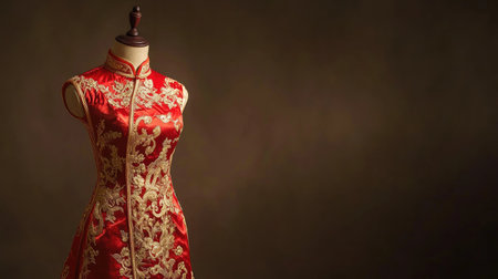 This elegant red silk cheongsam is beautifully displayed on a dress form, highlighting its intricate gold embroidery and showcasing traditional Asian fashion design against a dark background.の素材
