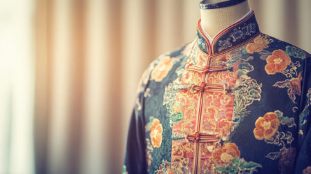 This elegant traditional garment is showcased on a mannequin, featuring exquisite floral embroidery and rich colors, celebrating cultural heritage and fine craftsmanship.の素材