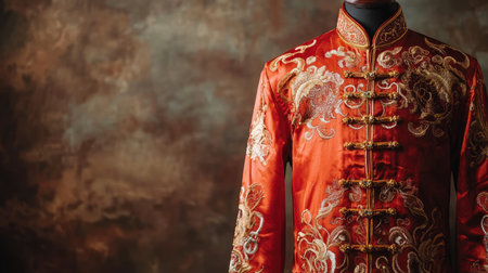 This vibrant red jacket showcases exquisite traditional Chinese embroidery, perfect for highlighting cultural richness during festivals and special occasions.の素材