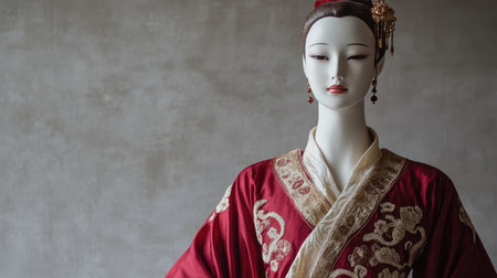 Captivating traditional costume presented on a mannequin, featuring exquisite embroidery and a rich red fabric in a subtle and inviting background, perfect for cultural representation.の素材