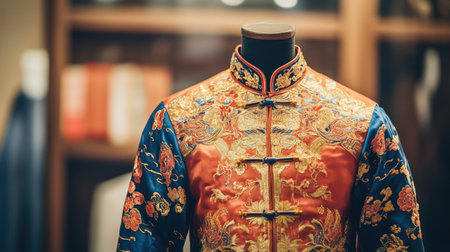 This stunning traditional Chinese garment features intricate embroidery with vivid red and blue hues, showcasing exceptional craftsmanship and cultural heritage, ideal for fashion showcases.の素材