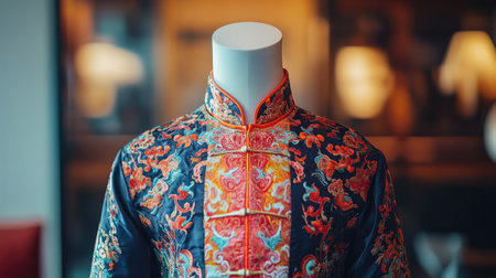A stunning display of a traditional Asian dress featuring vibrant colors and intricate embroidery, presented on a mannequin in a stylish and inviting ambiance.の素材