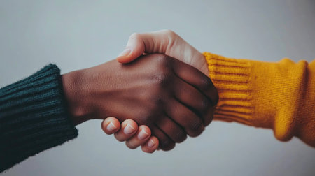 Close-up image featuring two diverse hands engaged in a handshake, representing unity, collaboration, and mutual respect against a soft, neutral backdrop.の素材