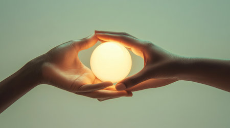 Two hands gently cradle a softly glowing sphere, representing connection and energy in a serene, artistic atmosphere with calming tones.の素材