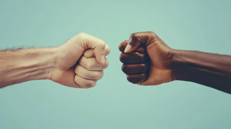 This image showcases a powerful gesture of unity with two hands performing a fist bump, symbolizing friendship and support, set against a calm blue backdrop.の素材