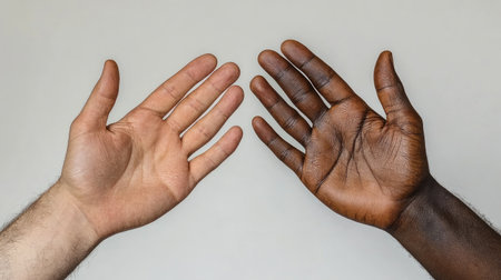 Two distinct human hands with different skin tones reaching out towards each other symbolize diversity and unity, highlighting the importance of inclusion in modern society.の素材