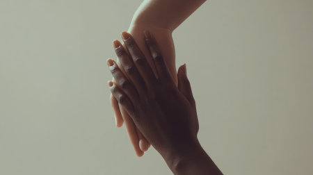 Two hands of different skin tones join together against a soft background, representing unity, diversity, and the beauty of human connection in a minimalist art style.の素材