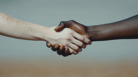 This image showcases two hands of different skin tones shaking, symbolizing unity, cooperation, and the power of diversity in building connections and friendships.の素材