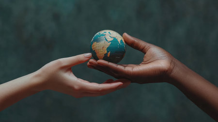 Two diverse hands delicately transfer a small globe, representing the importance of unity, collaboration, and shared responsibility in our global community and environment.の素材