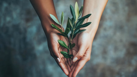 Delicate hands cradle a vibrant olive branch, symbolizing peace and growth, set against a softly textured backdrop that enhances the connection with nature.の素材