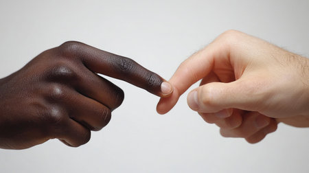 Two hands of different skin tones come together, portraying a powerful message of unity and connection amidst diversity in human relationships.の素材