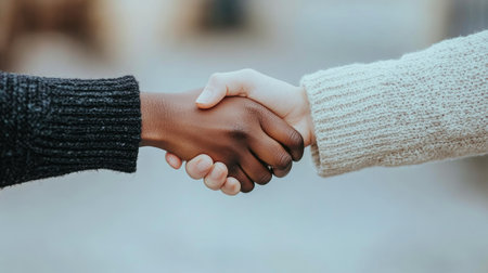 Close-up view of two diverse hands engaging in a handshake, symbolizing partnership and friendship in a multicultural environment, representing unity and cooperation.の素材