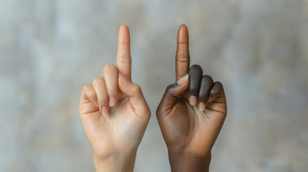 Two hands of different skin tones point upwards, symbolizing unity and diversity. This image captures the essence of inclusion and collaboration in today's multicultural world.の素材