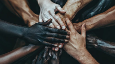 A striking image of diverse hands united in a powerful display of solidarity, symbolizing community, respect, and the strength found in our differences.の素材