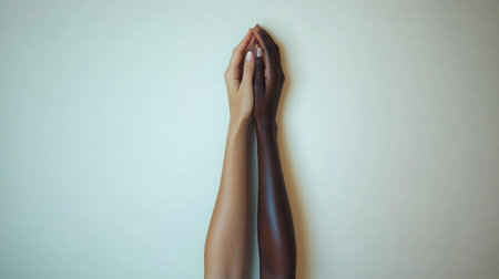 This image captures diverse hands coming together, symbolizing unity and inclusivity against a minimalist backdrop, reflecting a powerful message of equality and social harmony.の素材